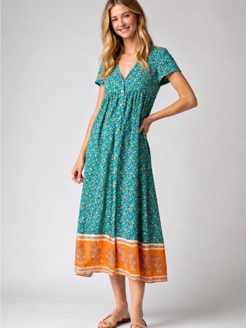 NATURAL LIFE Teal Floral Midi Dress with Orange Border